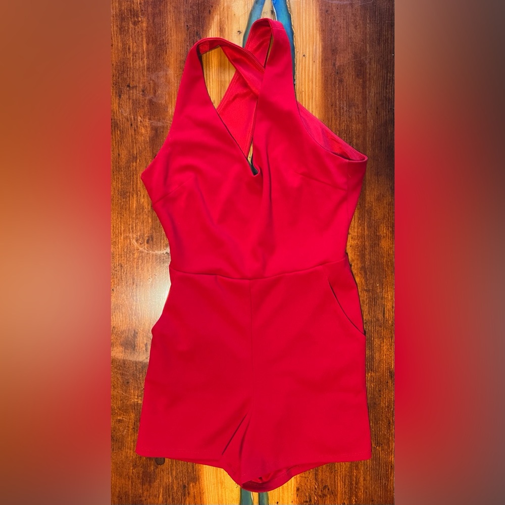 Red Open Back Criss-Cross Strap Romper